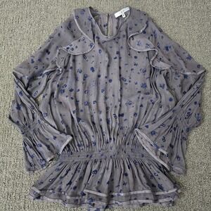 IRO Floral Ruffle Blouse Womens 36 Gray Blue Sheer Smocked Boho Romantic